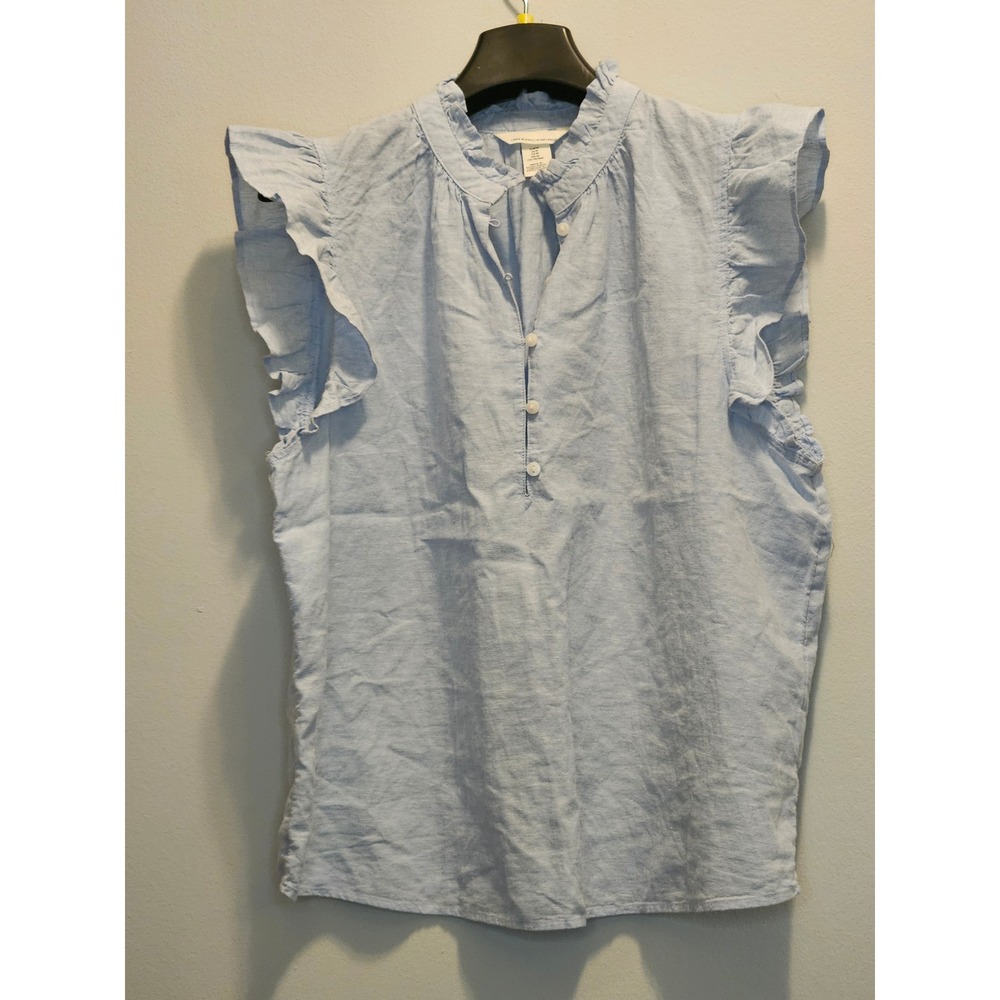 H&M Light Blue Linen Blend Ruffle Sleeveless Blouse Top Medium Boho Summer